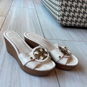 Tory Burch White Leather Wedge with Gold Hardware
